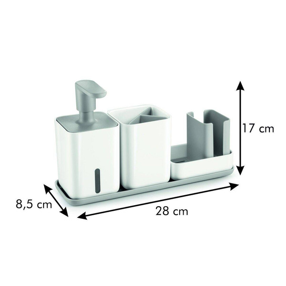 Duży zestaw do mycia naczyń: dozownik płynu, stojak na gąbkę i ścierkę, stojak na szczotki TESCOMA PURO