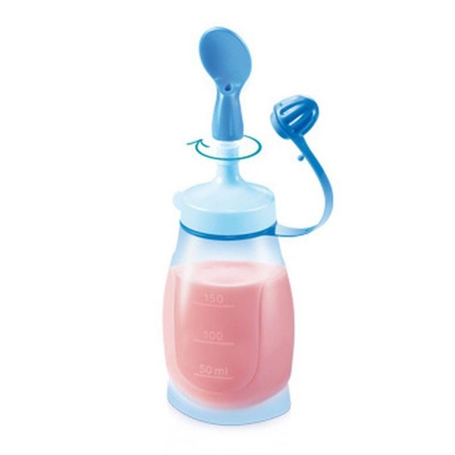 Elastyczna butelka z łyżeczką do karmienia dzieci i niemowląt - kolor niebieski, pojemność 200 ml | TESCOMA PAPU PAPI
